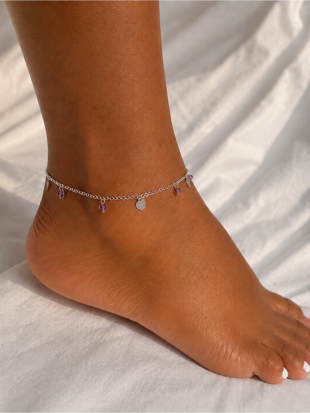 Silver Ankle Bracelet with Purple Beads and Heart Charm